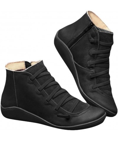 Side Zipper Ankle Booties for Women, Women's Flat Leather Retro Lace-up Boots Side Zipper Round Toe Shoes Black $14.71 Fashio...