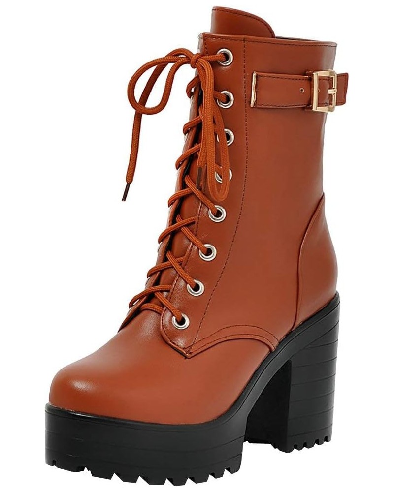 Women's Chunky Heel Lace Up Combat Boots Platform High Heel Ankle Boots Goth Buckle Motorcycle Shoes Light Brown 2 $26.76 Boots