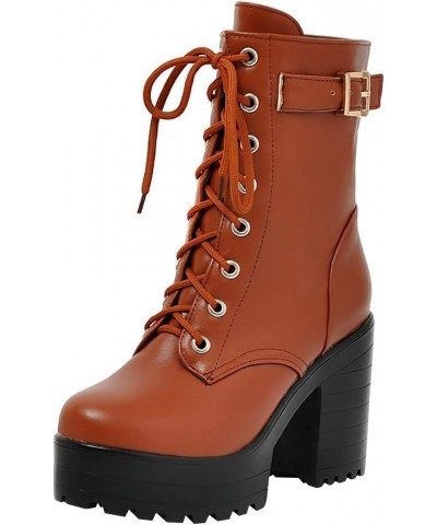 Women's Chunky Heel Lace Up Combat Boots Platform High Heel Ankle Boots Goth Buckle Motorcycle Shoes Light Brown 2 $26.76 Boots