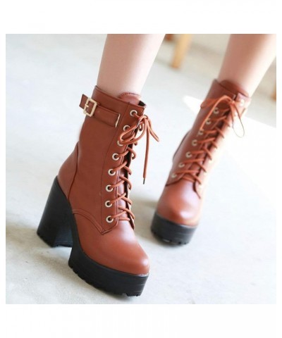 Women's Chunky Heel Lace Up Combat Boots Platform High Heel Ankle Boots Goth Buckle Motorcycle Shoes Light Brown 2 $26.76 Boots