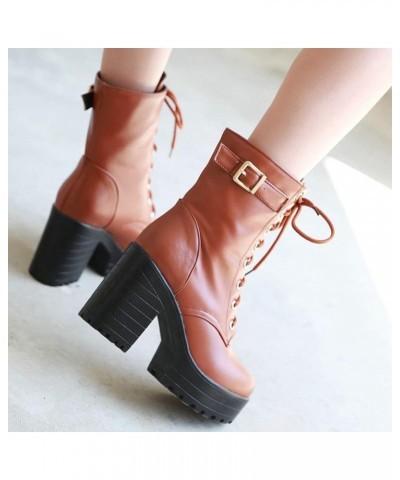 Women's Chunky Heel Lace Up Combat Boots Platform High Heel Ankle Boots Goth Buckle Motorcycle Shoes Light Brown 2 $26.76 Boots