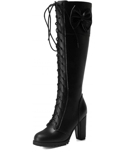 Womens Cute Lolita Knee High Boots Lace Up Chunky High Heel Boots with Bow 94 Black $21.19 Boots