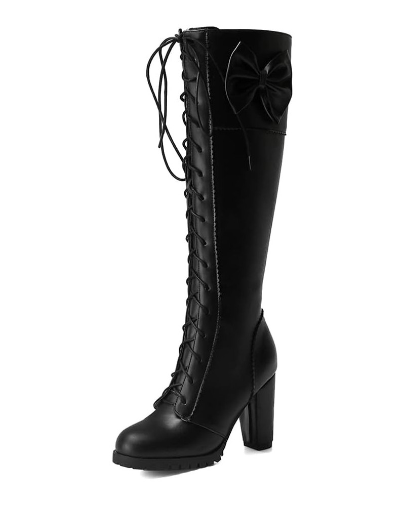 Womens Cute Lolita Knee High Boots Lace Up Chunky High Heel Boots with Bow 94 Black $21.19 Boots