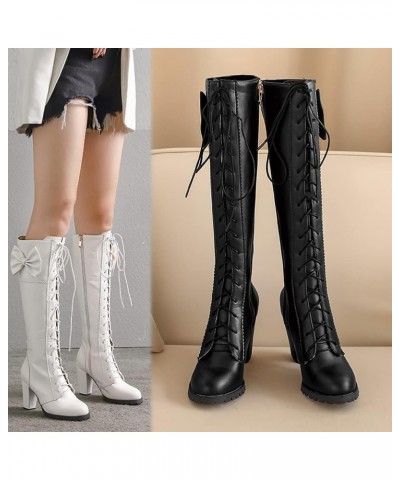 Womens Cute Lolita Knee High Boots Lace Up Chunky High Heel Boots with Bow 94 Black $21.19 Boots