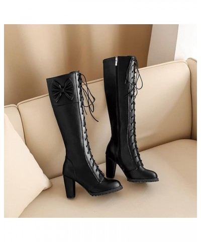 Womens Cute Lolita Knee High Boots Lace Up Chunky High Heel Boots with Bow 94 Black $21.19 Boots