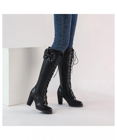 Womens Cute Lolita Knee High Boots Lace Up Chunky High Heel Boots with Bow 94 Black $21.19 Boots