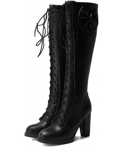 Womens Cute Lolita Knee High Boots Lace Up Chunky High Heel Boots with Bow 94 Black $21.19 Boots