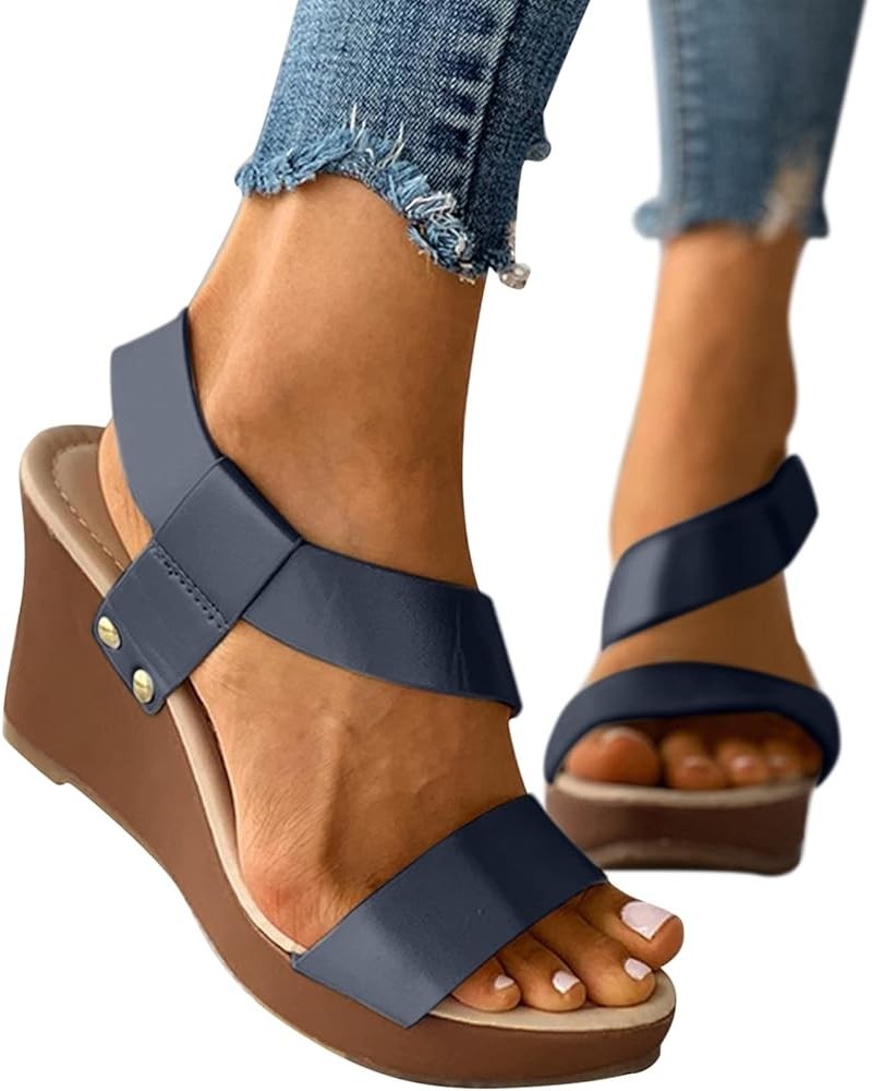 Womens Wedge Sandals Fashion Strap Ankle Platform Wedges Sandals Roman Shoes For Women 3h3-dark Blue $13.82 Athletic Shoes