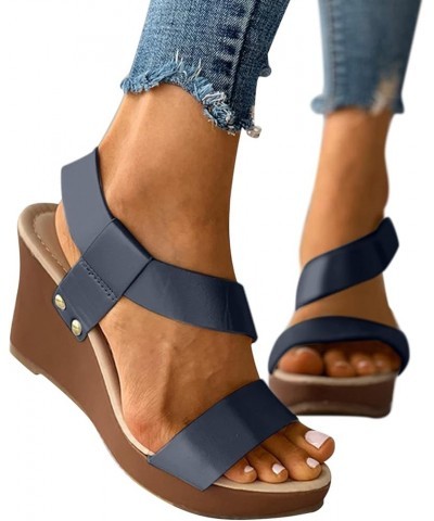 Womens Wedge Sandals Fashion Strap Ankle Platform Wedges Sandals Roman Shoes For Women 3h3-dark Blue $13.82 Athletic Shoes