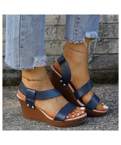 Womens Wedge Sandals Fashion Strap Ankle Platform Wedges Sandals Roman Shoes For Women 3h3-dark Blue $13.82 Athletic Shoes