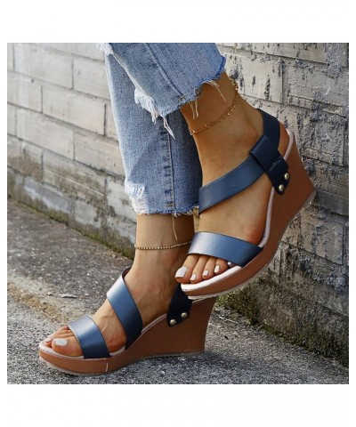 Womens Wedge Sandals Fashion Strap Ankle Platform Wedges Sandals Roman Shoes For Women 3h3-dark Blue $13.82 Athletic Shoes