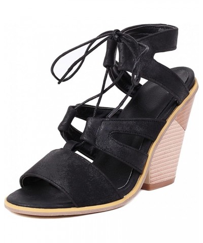 Women Wedge Heel Sandals with Open Toe and Lace up Black $19.99 Sandals