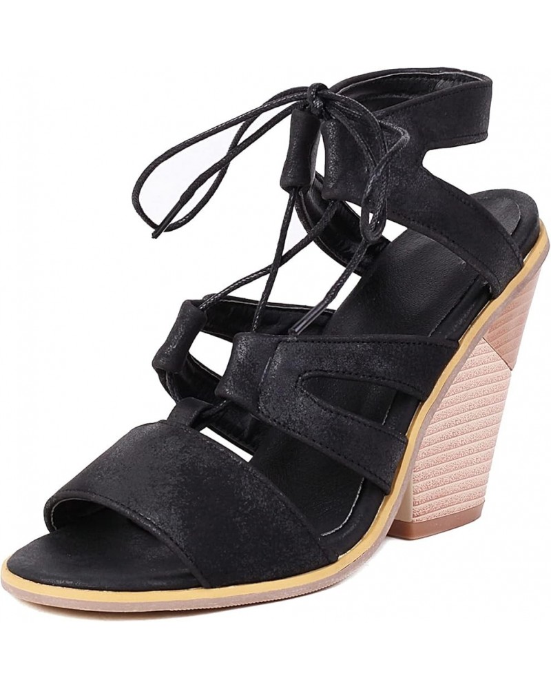 Women Wedge Heel Sandals with Open Toe and Lace up Black $19.99 Sandals