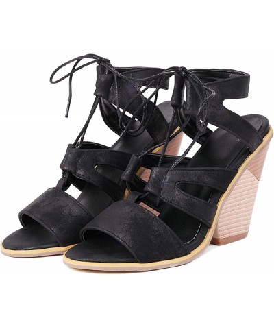 Women Wedge Heel Sandals with Open Toe and Lace up Black $19.99 Sandals