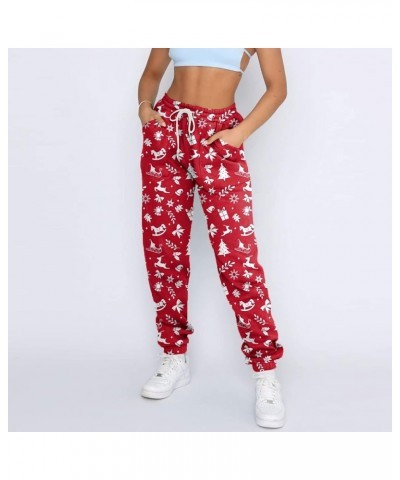 Womens Christmas Print High Waist Trousers Autumn Winter Elastic Sweatpants Sport Pocket Drawstring Pants Wine-1 $12.72 Outdo...