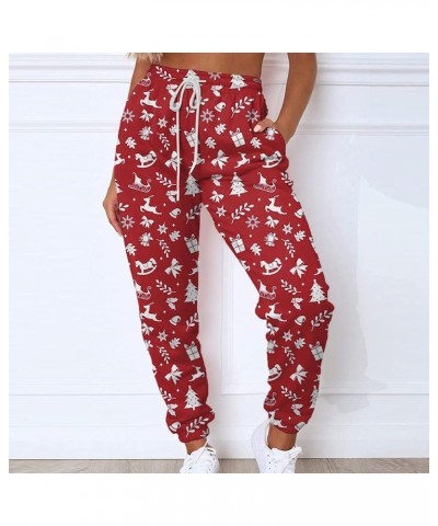 Womens Christmas Print High Waist Trousers Autumn Winter Elastic Sweatpants Sport Pocket Drawstring Pants Wine-1 $12.72 Outdo...