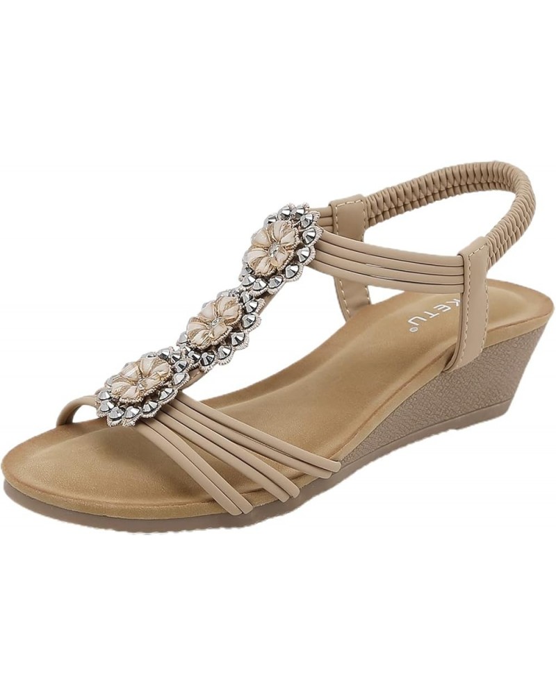 Ladies Shoes Wedge Platform Sandals Bohemian Flowers Rhinestone Wedge Comfortable Heel Sandals for Women Closed Khaki 8 $17.6...