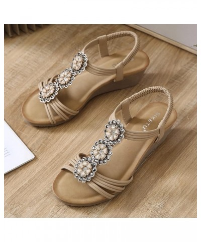 Ladies Shoes Wedge Platform Sandals Bohemian Flowers Rhinestone Wedge Comfortable Heel Sandals for Women Closed Khaki 8 $17.6...