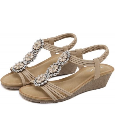 Ladies Shoes Wedge Platform Sandals Bohemian Flowers Rhinestone Wedge Comfortable Heel Sandals for Women Closed Khaki 8 $17.6...