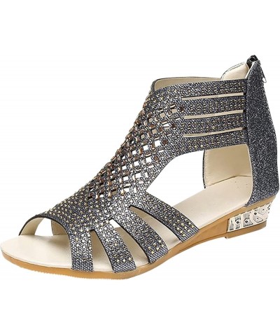 Sandals for Women Dressy Summer, Rhinestone Sandals for Women Fashion Hollow Out Zipper Open Toe Low Wedge Sandals Black $14....