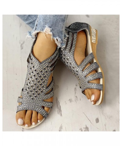 Sandals for Women Dressy Summer, Rhinestone Sandals for Women Fashion Hollow Out Zipper Open Toe Low Wedge Sandals Black $14....