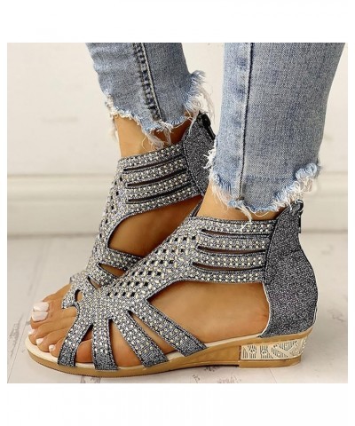 Sandals for Women Dressy Summer, Rhinestone Sandals for Women Fashion Hollow Out Zipper Open Toe Low Wedge Sandals Black $14....