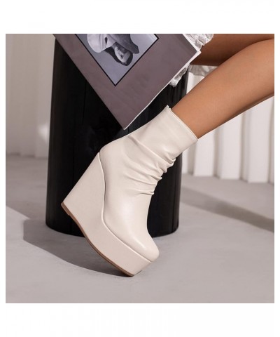 Women's Casual Wedge Heel Ankle Boots Back Zip Short Boots with Platform Beige $35.99 Boots