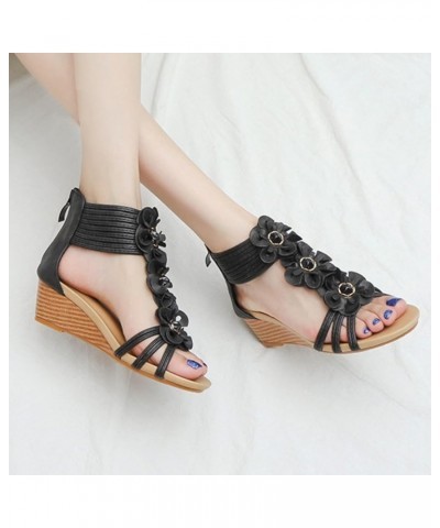 Wedge Sandals for Women Bohemian Sandals Lady Slope With Wedge Skirt Summer With Flower Figure Roman Shoes Black $17.11 Sandals