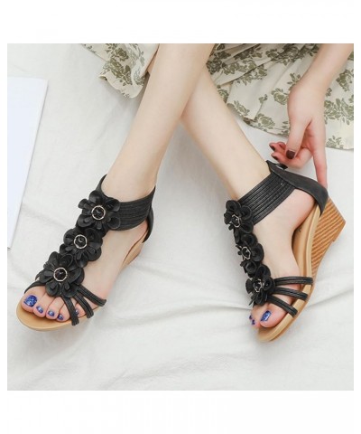 Wedge Sandals for Women Bohemian Sandals Lady Slope With Wedge Skirt Summer With Flower Figure Roman Shoes Black $17.11 Sandals