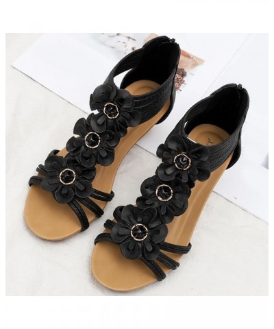 Wedge Sandals for Women Bohemian Sandals Lady Slope With Wedge Skirt Summer With Flower Figure Roman Shoes Black $17.11 Sandals