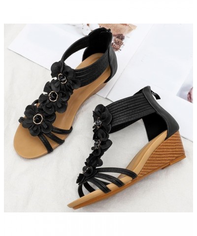 Wedge Sandals for Women Bohemian Sandals Lady Slope With Wedge Skirt Summer With Flower Figure Roman Shoes Black $17.11 Sandals