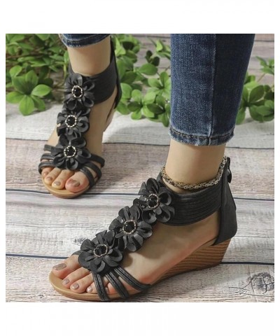 Wedge Sandals for Women Bohemian Sandals Lady Slope With Wedge Skirt Summer With Flower Figure Roman Shoes Black $17.11 Sandals