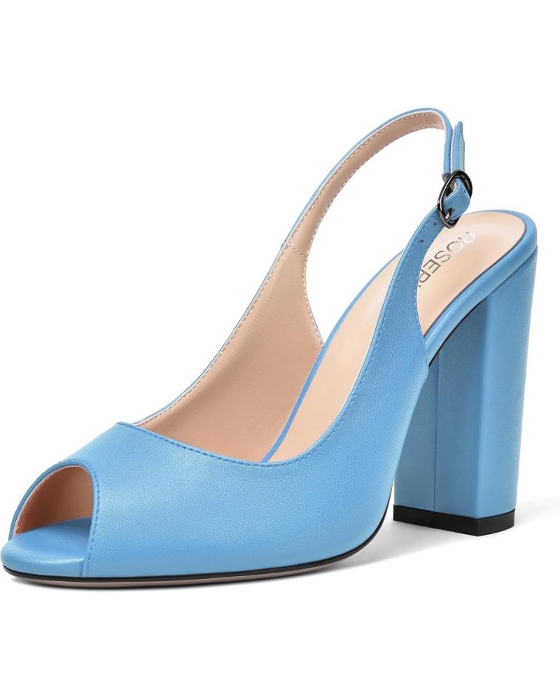 Womens Matte Peep Toe Buckle Slingback Dating Fashion Dress Block High Heel Pumps Shoes 4 Inch Light Blue $31.07 Pumps