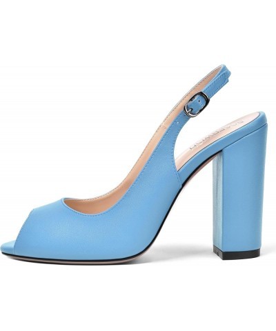 Womens Matte Peep Toe Buckle Slingback Dating Fashion Dress Block High Heel Pumps Shoes 4 Inch Light Blue $31.07 Pumps