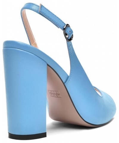 Womens Matte Peep Toe Buckle Slingback Dating Fashion Dress Block High Heel Pumps Shoes 4 Inch Light Blue $31.07 Pumps