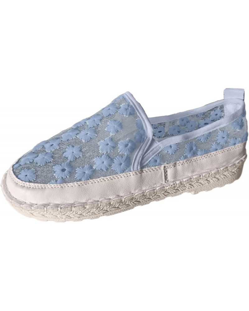 Ladies Simple Flower Lace Mesh Breathable Flat Soft Bottom Straw Single Shoes Casual Shoes Flip Flops Women Wedge Blue $14.92...