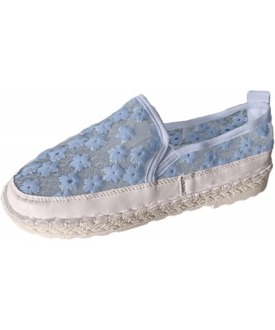 Ladies Simple Flower Lace Mesh Breathable Flat Soft Bottom Straw Single Shoes Casual Shoes Flip Flops Women Wedge Blue $14.92...