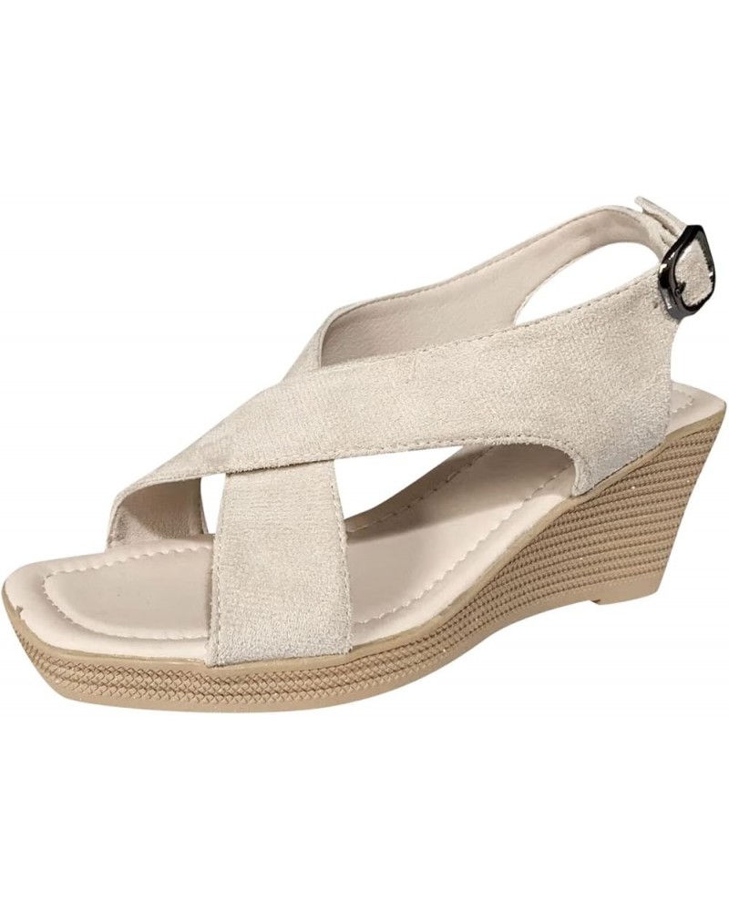 Women Sandals Summer New Pattern Simple Solid Wedge Thick Sole Comfortable Non Slip Large Sandals for Women Dressy Beige $15....