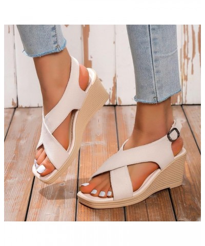 Women Sandals Summer New Pattern Simple Solid Wedge Thick Sole Comfortable Non Slip Large Sandals for Women Dressy Beige $15....