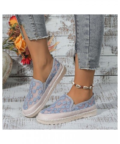 Ladies Simple Flower Lace Mesh Breathable Flat Soft Bottom Straw Single Shoes Casual Shoes Flip Flops Women Wedge Blue $14.92...