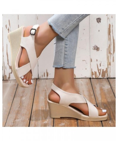 Women Sandals Summer New Pattern Simple Solid Wedge Thick Sole Comfortable Non Slip Large Sandals for Women Dressy Beige $15....