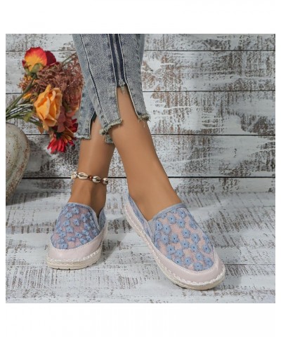 Ladies Simple Flower Lace Mesh Breathable Flat Soft Bottom Straw Single Shoes Casual Shoes Flip Flops Women Wedge Blue $14.92...