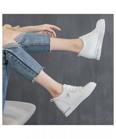 Women Hidden Wedge Sneakers High Heeled Lace Up Exquisite Embroidery Genuine Leather Walking Shoes Platform Sneakers Blue $39...