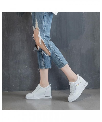 Women Hidden Wedge Sneakers High Heeled Lace Up Exquisite Embroidery Genuine Leather Walking Shoes Platform Sneakers Blue $39...