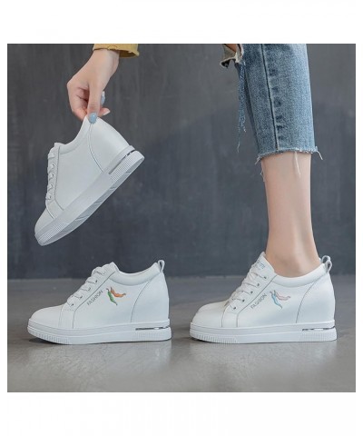 Women Hidden Wedge Sneakers High Heeled Lace Up Exquisite Embroidery Genuine Leather Walking Shoes Platform Sneakers Blue $39...