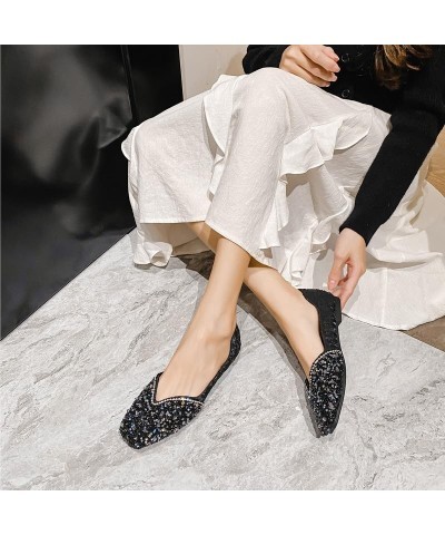 Flats Shoes Women Elegant Rhinestone Pointed Head Ballet Flats Comfortable soft memory foam Slip-On Low Heel Dress Shoes C-bl...