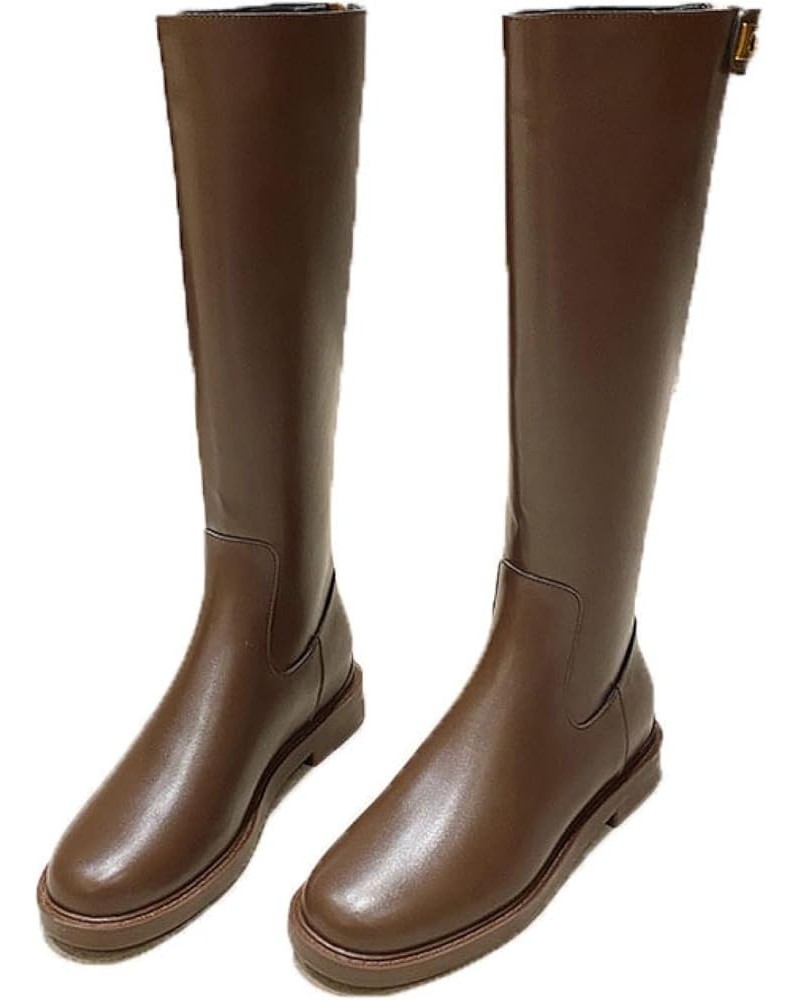 Women Chunky Low Heel Riding Boot Ladies Back Zipper Platform Faux Leather Round Toe Knee High Boot Brown Velvet $32.75 Boots