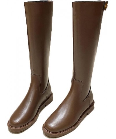 Women Chunky Low Heel Riding Boot Ladies Back Zipper Platform Faux Leather Round Toe Knee High Boot Brown Velvet $32.75 Boots