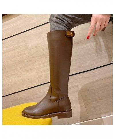 Women Chunky Low Heel Riding Boot Ladies Back Zipper Platform Faux Leather Round Toe Knee High Boot Brown Velvet $32.75 Boots