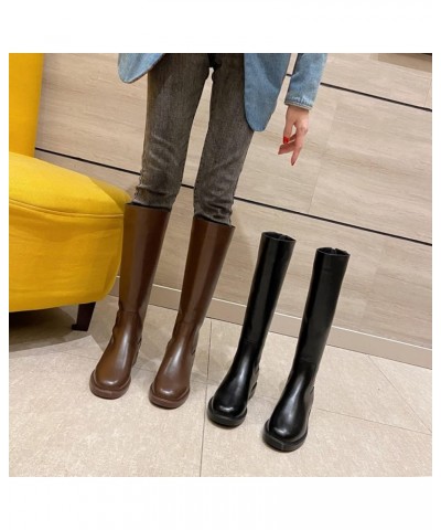 Women Chunky Low Heel Riding Boot Ladies Back Zipper Platform Faux Leather Round Toe Knee High Boot Brown Velvet $32.75 Boots